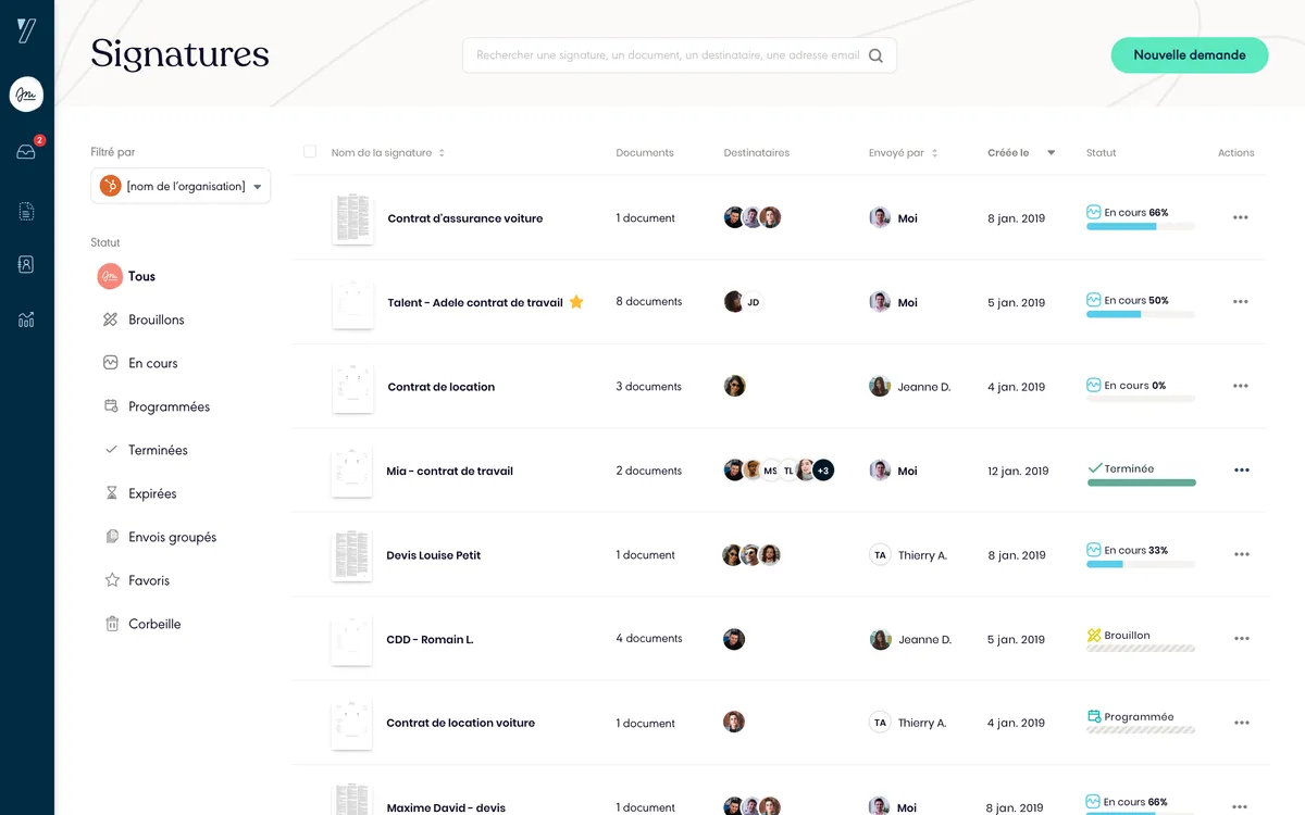 Dashboard de gestion - Vue d'ensemble des documents en attente et signés avec analytics en temps réel