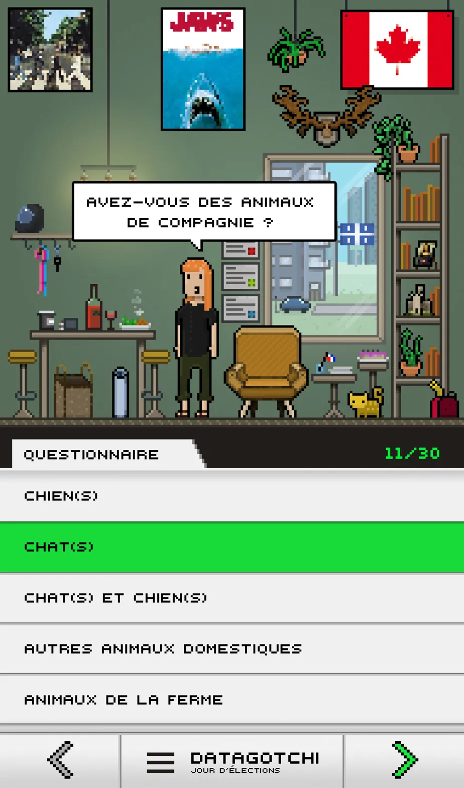 Interface de réponse aux questions, avec avatar en pixel-art.