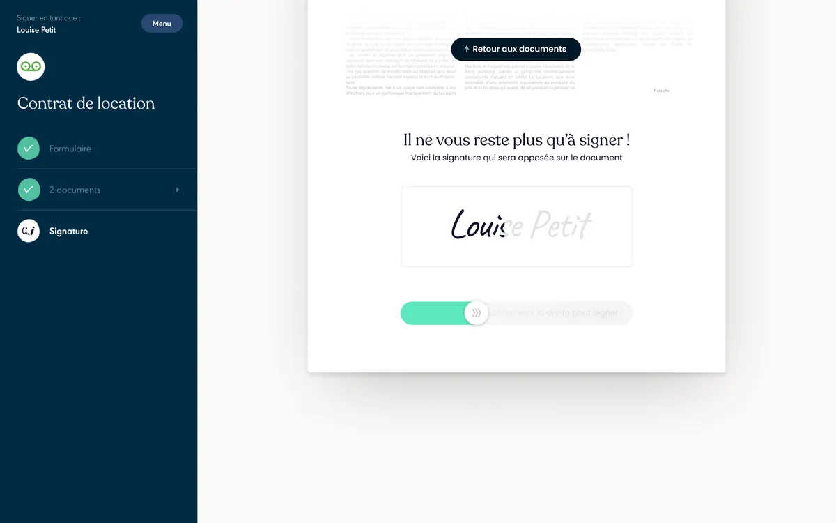 Interface de signature intuitive avec swipe - Parcours utilisateur simplifié pour signer en quelques secondes