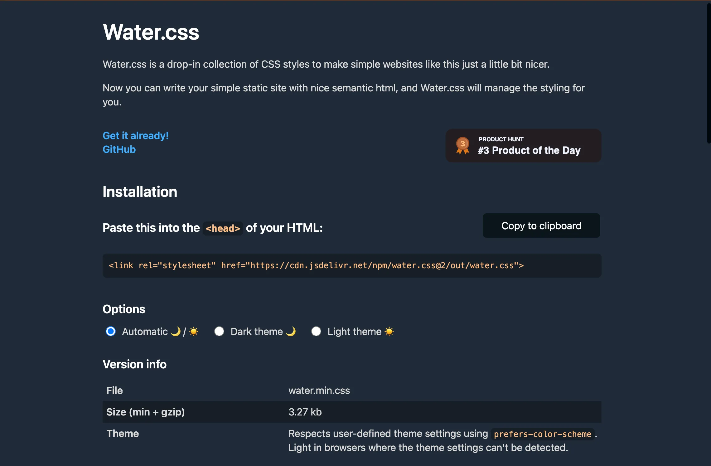 Page d'accueil de water.css