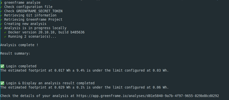 Capture d'écran du résultat d'une exécution dans la CLI