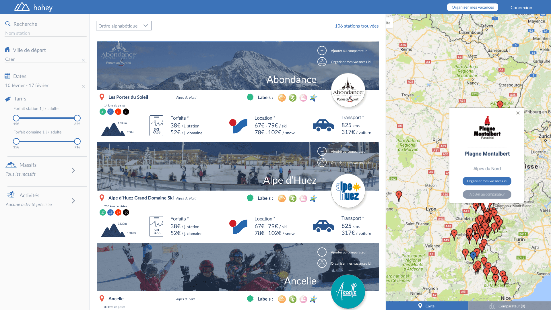 Search result page with ski resorts and the map