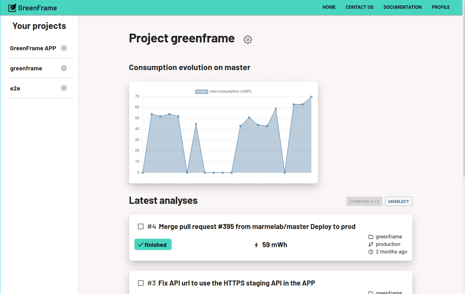 Capture d'écran d'une liste d'analyses